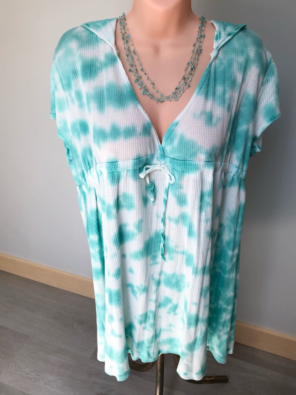 Vintage American Buddha Tie Dye Babydoll Swimsuit Coverup Hooded Dress XL